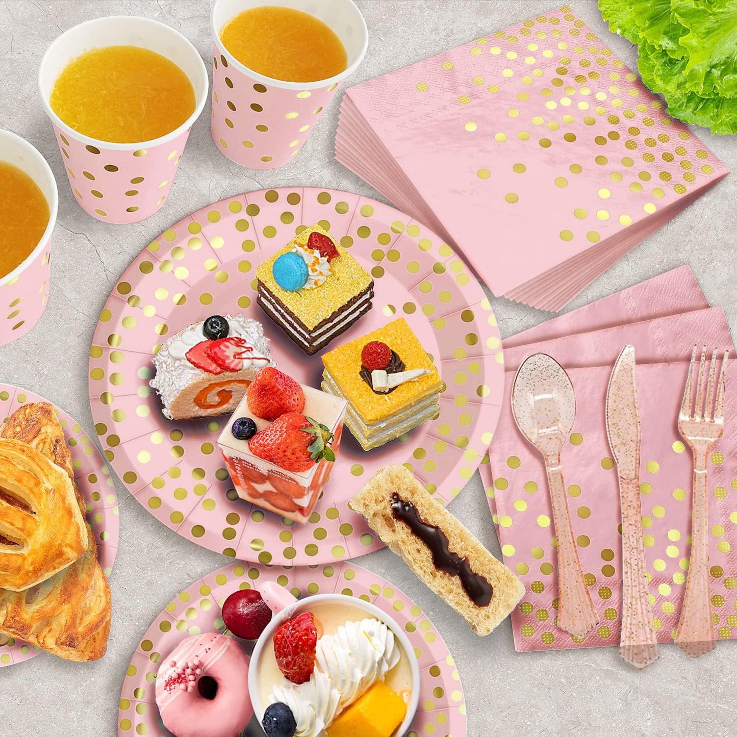 AIRE 175PCS Pink Rose Gold Plates Party Supplies Severs 25 Guests Disposable Party Decorations, Plastic Forks Knives Spoons, Golden Dot Paper Plates Napkins Cups for Baby Shower Birthday Wedding