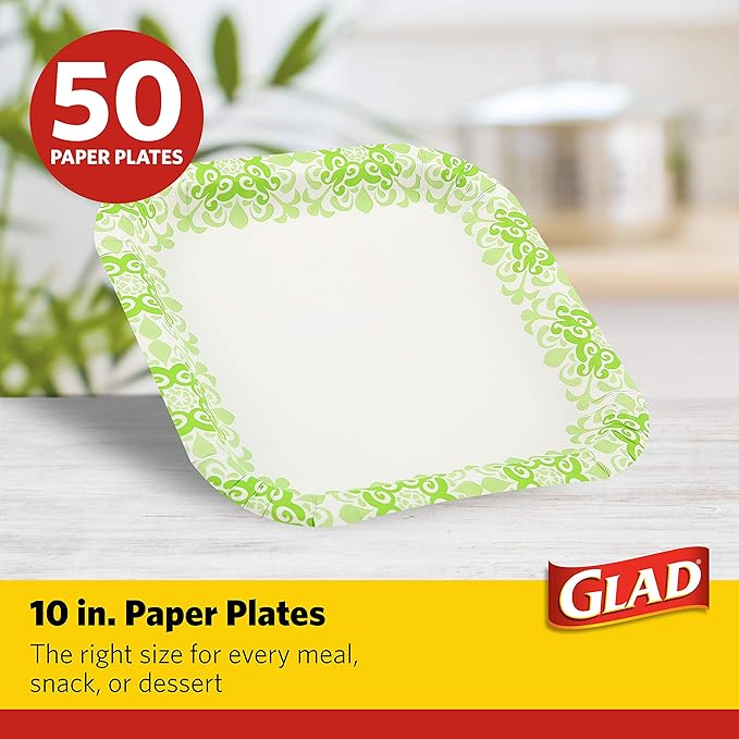 Glad Square Disposable Paper Plates, Green Victorian Pattern - Strong, Sturdy, Soak Proof, and Microwavable Decorative Plates for Dinner and Everyday Use, 10 Inch, 50 Count