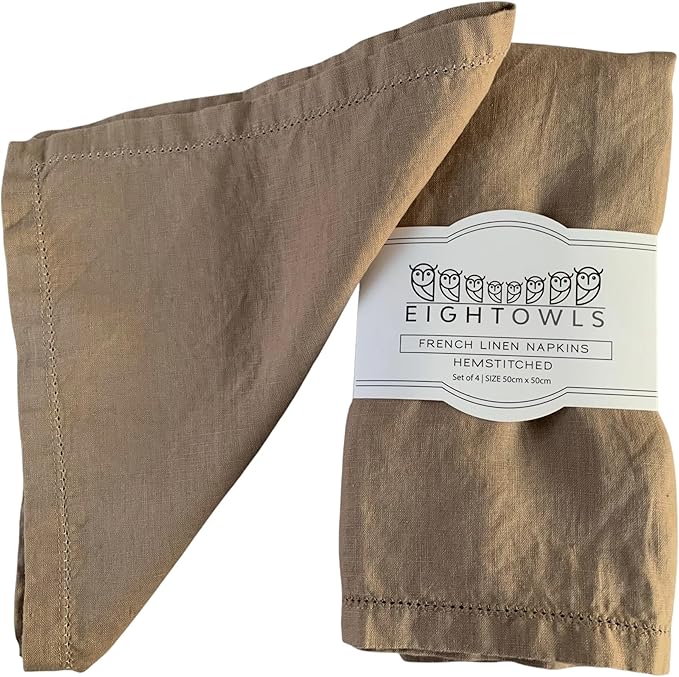 Hemstitched Linen Napkins – 20 Inch x 20 Inch – Stonewashed Pure Linen Cloth Dinner Napkins with Mitered Corners - 100% French Flax – Machine Washable - Set of 4 (Natural Rustic Taupe)