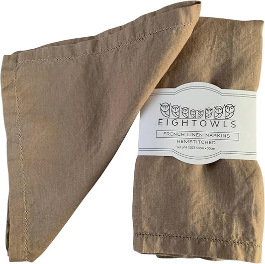 Hemstitched Linen Napkins – 20 Inch x 20 Inch – Stonewashed Pure Linen Cloth Dinner Napkins with Mitered Corners - 100% French Flax – Machine Washable - Set of 4 (Natural Rustic Taupe)