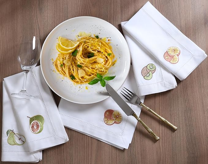 Bedding Craft Cotton Cloth Dinner Napkins Set of 12 – 18x18 Embroidered Motif with Hemstitched Design – Machine Washable Fabric Napkins for Weddings, Baby Showers, Christmas & Everyday Dining