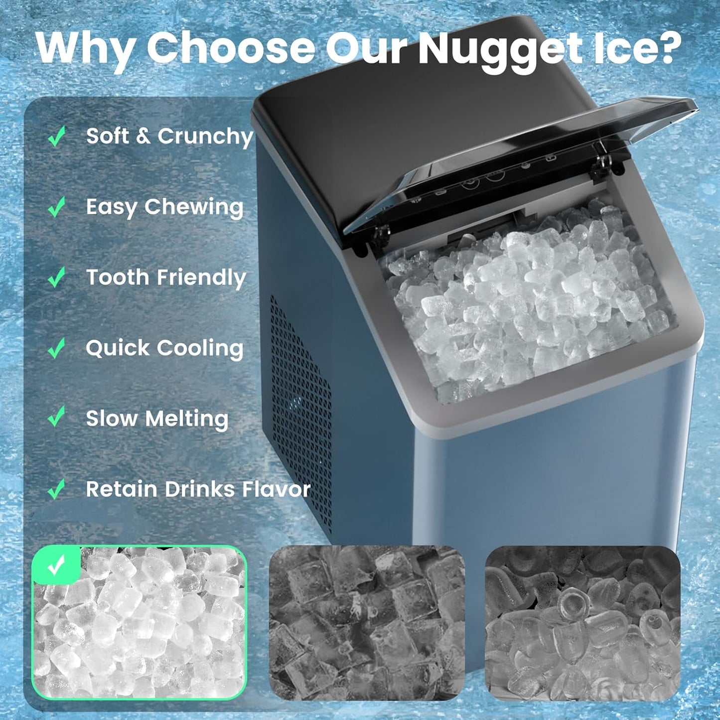 Nugget Ice Maker Countertop, 40lbs/24H Soft Chewable Pellet Ice Machine with Self-Cleaning, Sonic Ice Maker for Home Kitchen, Office - Black Stainless