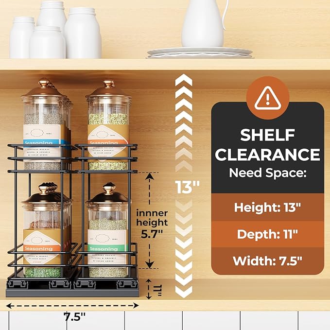 Pull Out Spice Rack Organizer for Cabinet, Slide Out Spice Racks, Easy to Install, 3.0''Wx10.35''Dx8.26''H, 2 Drawers 2 Tiers(Black)