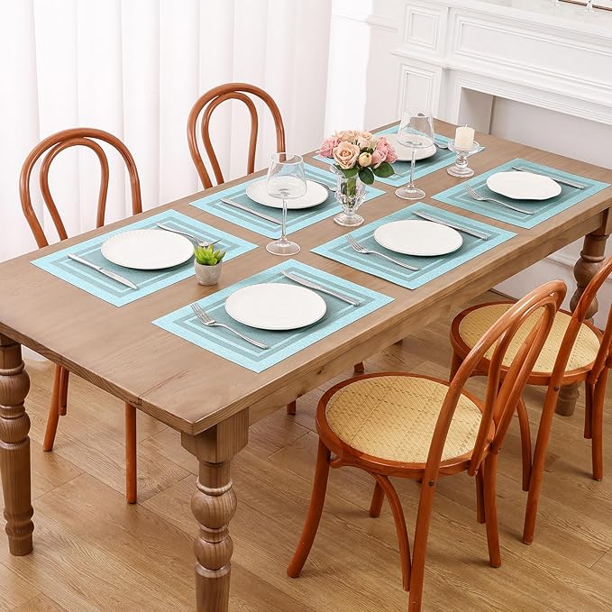 SHACOS Woven Vinyl Placemats Set of 4 Wipe Clean Place Mats for Dining Table Heat Resistant PVC Weave Table Mats Indoor Outdoor (4, Frame Light Turquoise)