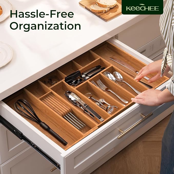 Carbonized Large Bamboo Kitchen Drawer Organizer, 12 Slots Expandable Silverware Organizer, Utensil Holder & Cutlery Tray, 2.5" Deep for Extra Capacity, Non-Slip Feet Included