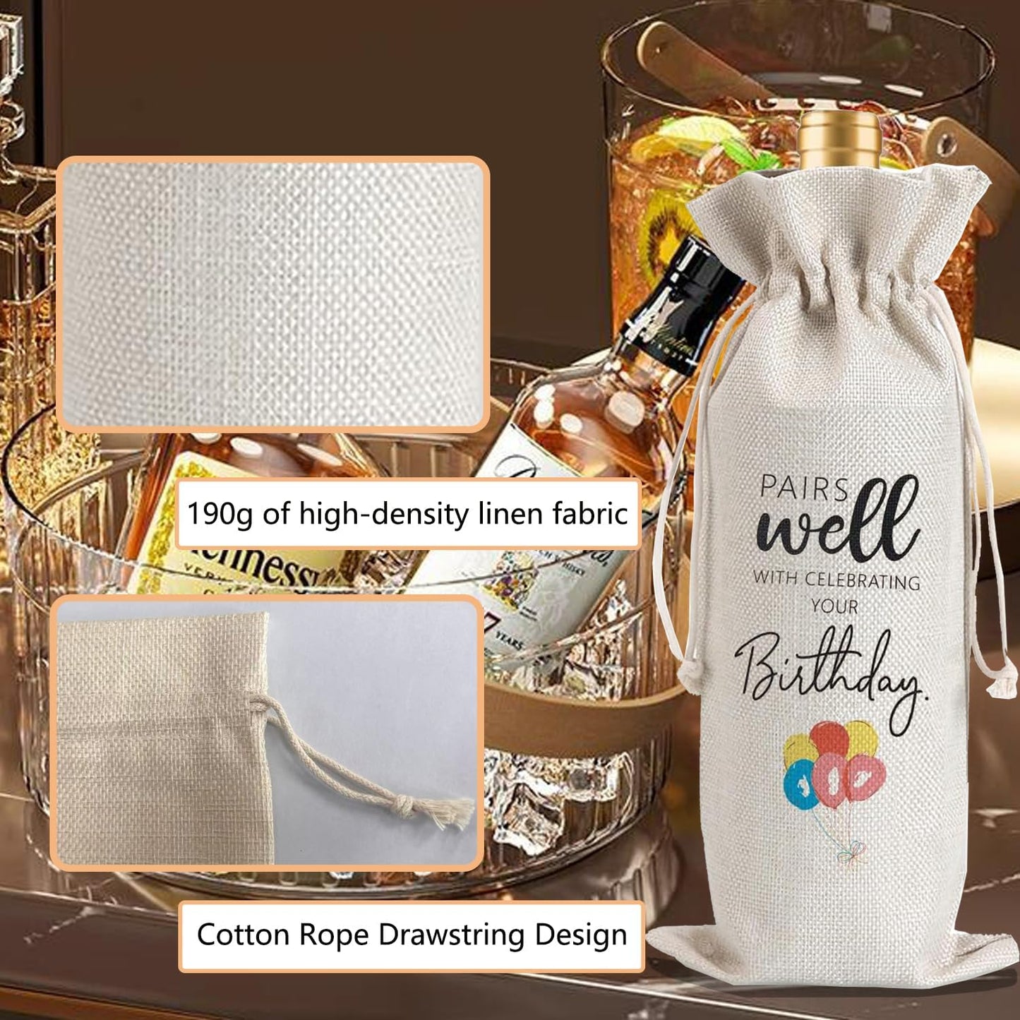 Julont 1Pcs Birthday Gift Ideas for Women & Men, Birthday Party Wine Bag Gift,Happy Birthdate decor, with 1Pcs Kraft Blessing Cards and natural jute rope