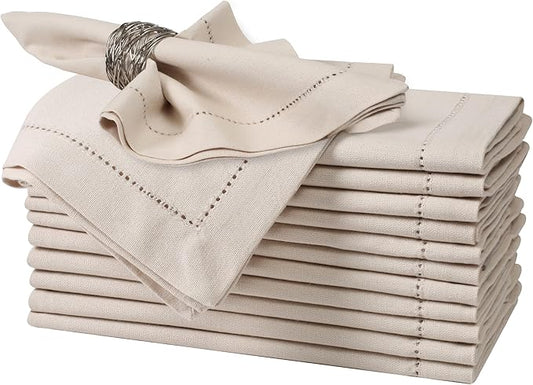 Bedding Craft Cotton Linen Cloth Dinner Napkins Set of 12 – 18x18 Flax Oatmeal Hemstitched – Machine Washable Reusable Fabric Napkins for Weddings, Parties & Events