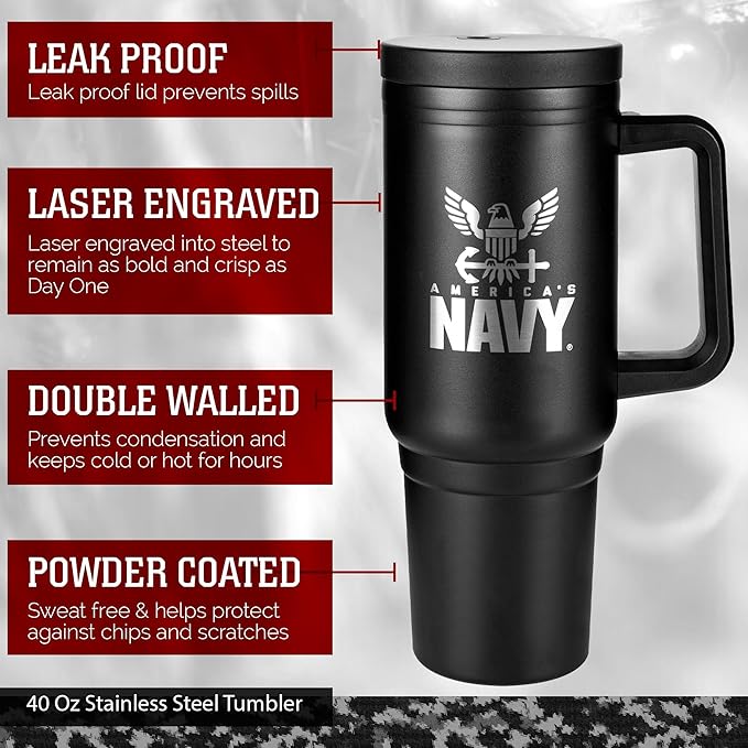Navy 40oz Insulated Tumbler with Handle, Lid & Straw - USN Gifts - Use for Water, Tea, Coffee -Disabled Vet Owned Small Business-Navy 40oz Tumbler