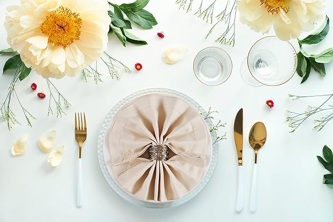 Ramanta Home Set of 12 Polyester Cloth Napkins 20x20 Inches - Hemstitched Washable Dinner Napkins for Weddings, Thanksgiving, Hotel - Soft Durable Table Linen for Parties or Everyday Use - Beige