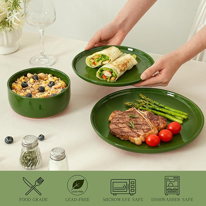 6 Piece Ceramic Dinnerware Set for 2, Modern Minimalist Stoneware Dinner Plates and Bowls, Microwave Safe, Dishwasher Safe, Versatile for All Seasons, Forest Glaze Green