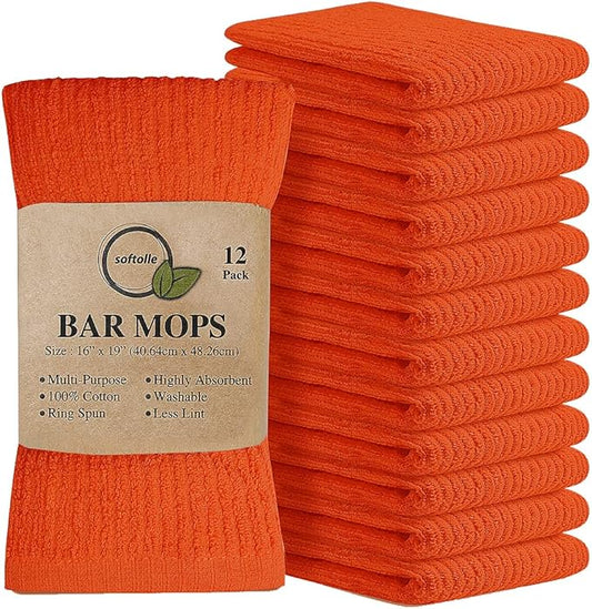 Softolle Bar Mop Towels, Pack of 12-16x19 Inches - 100% Cotton Super Absorbent Towels, Multi-Purpose for Home and Bar Cleaning (Orange)