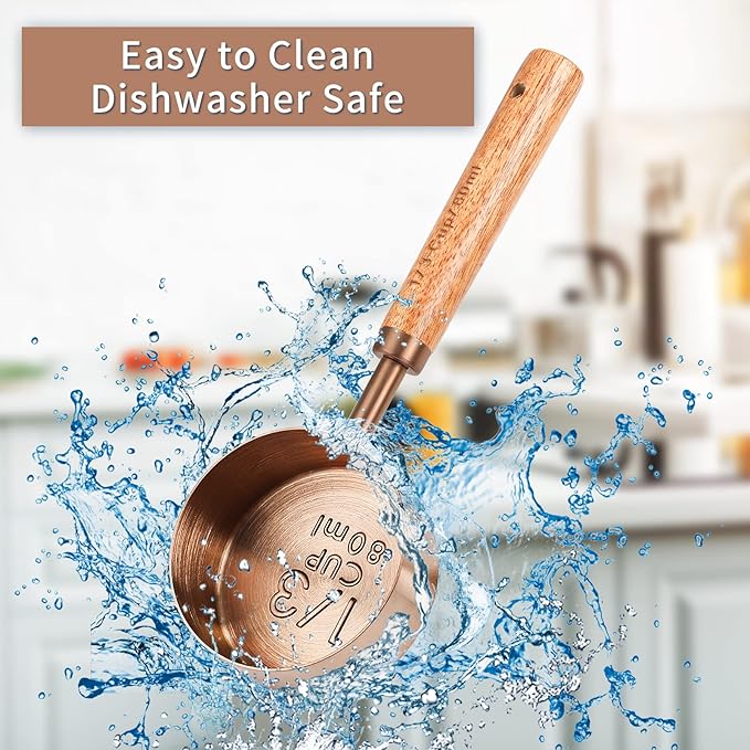 Measuring Cup with Wooden Handle, 3/4 Cup Titanium-plating 180ml Stainless Steel, Dog Food Scoop, Rose Gold
