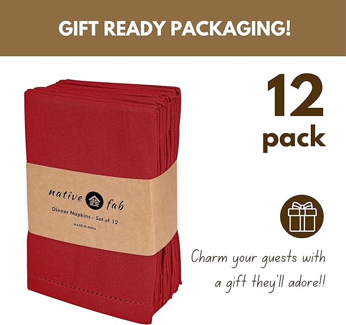 Native Fab Red Cloth Napkins 100% Cotton, Set of 12, 18"x18", Hemstitched Mitered Corners, Soft, Absorbent, Reusable Table Napkins for Wedding, Events, Lunch, Dinner, Parties - Red