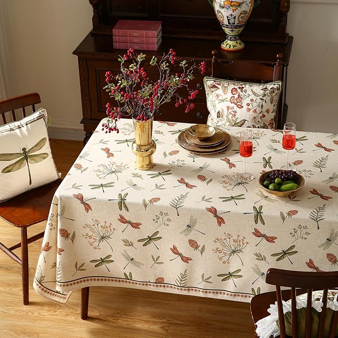 French Tablecloth for Rectangle Tables,Linen Table Cloth with Flowers and Red and Green Dragonflies Pattern,Durable Table Cover for Dining Thanksgiving Kitchen Party Christmas,55"*87"