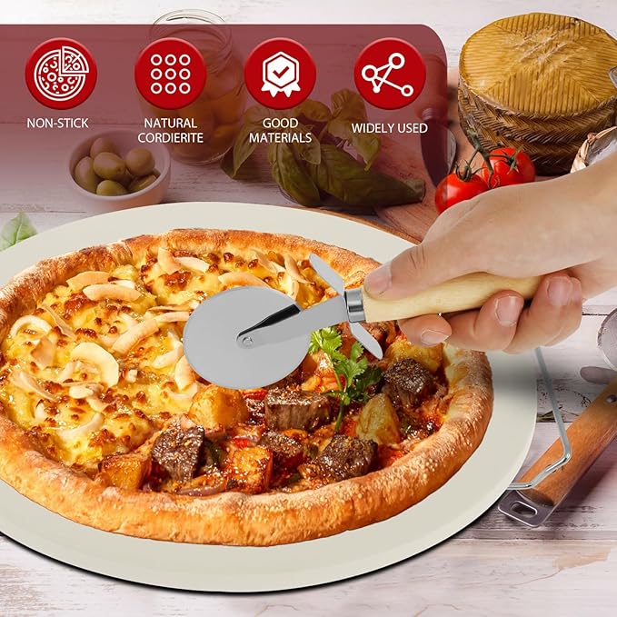 13 Inch Round Pizza Stone Pan, Heat Resistant Pizza Stone Baking Tray with Pizza Roller, Heavy Duty Cordierite Pizza Cooking Pan, Easy to Clean Baking Tool Set Suitable for Pizzas