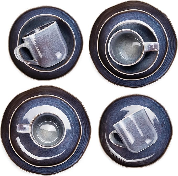 Elanze Designs Reactive Glaze Farmhouse Rustic Boho Ceramic Stoneware Dinnerware 16 Piece Plate Bowl Mug Dish Set - Service for 4, Purple Ombre Blue