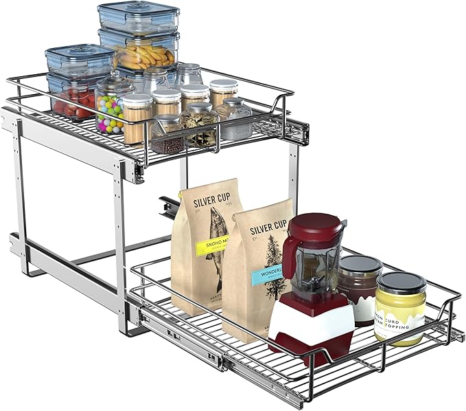 2-Tier Pull Out Cabinet Organizer (17.5" W x 22" D), Pull Out Shelves and Drawer for Kitchen Pantry Storage Basket, Heavy-Duty Metal Sliding Shelf, Chrome Finish