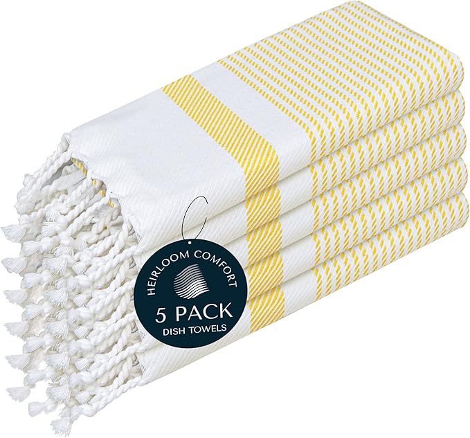 5 Pack Lemon Yellow Turkish Kitchen Towels 16"x26", 100% Cotton, Ultra Absorbent, Soft, Quick Dry, Washable, Dish Tea Towel with Tassels for Drying Dishes, Cleaning, Kitchen Use