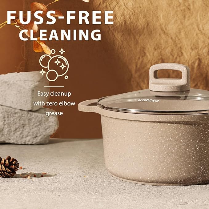 CAROTE Pots and Pans Set Non Stick, 16Pcs Kitchen Cookware Set, Stackable Induction Cookware, Pot and Pan set, Pans for Cooking, Taupe Granite，Pots and Pans Set Non Stick,