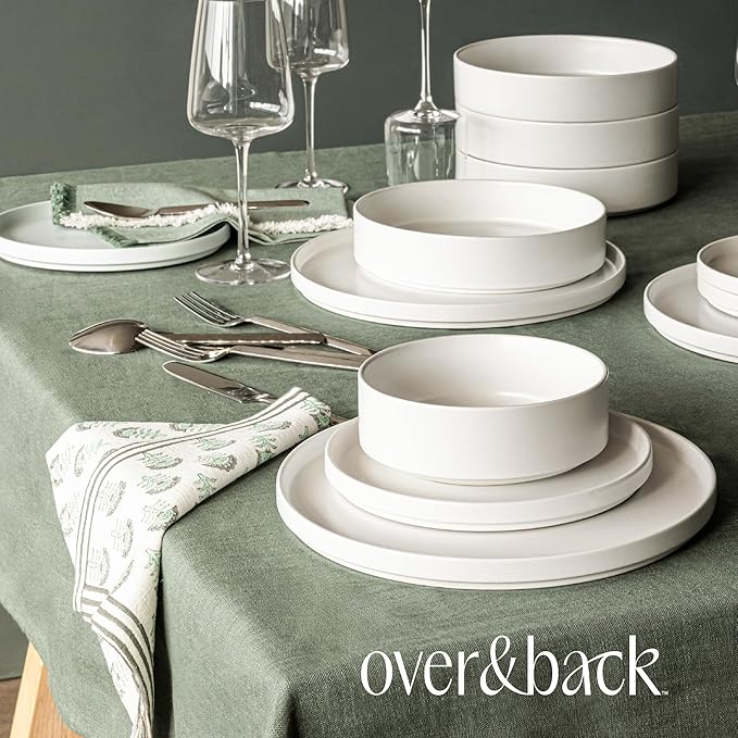 over&back 100%-Linen Woven Tablecloth - Colorful Dining Room Table Cover - Mitered Corner Hems - Machine Washable - Kitchen and Home Decor - Green - 70x108