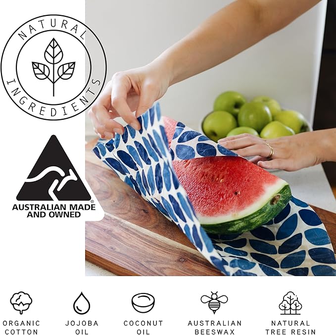 Honeybee Reusable Beeswax Wraps for Food | 5 Pack | Handmade in Australia | Eco Friendly, Organic, Biodegradable, Bee's Wrap for Bowl Covers and Food Storage | Reusable Cling Wrap