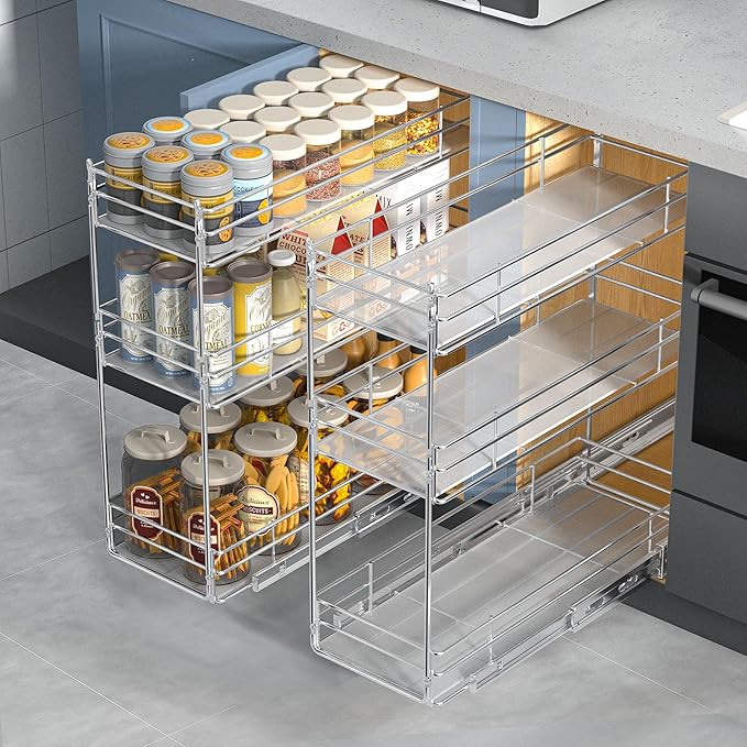 ROOMTEC Pull Out Spice Rack for Narrow Cabinet (7" W X 20½" D),3 Tier Heavy Duty Sliding Spice Cabinet Organization Shelf Racks, Pull Out Shelves Under Cabinet Storage for Kitchen