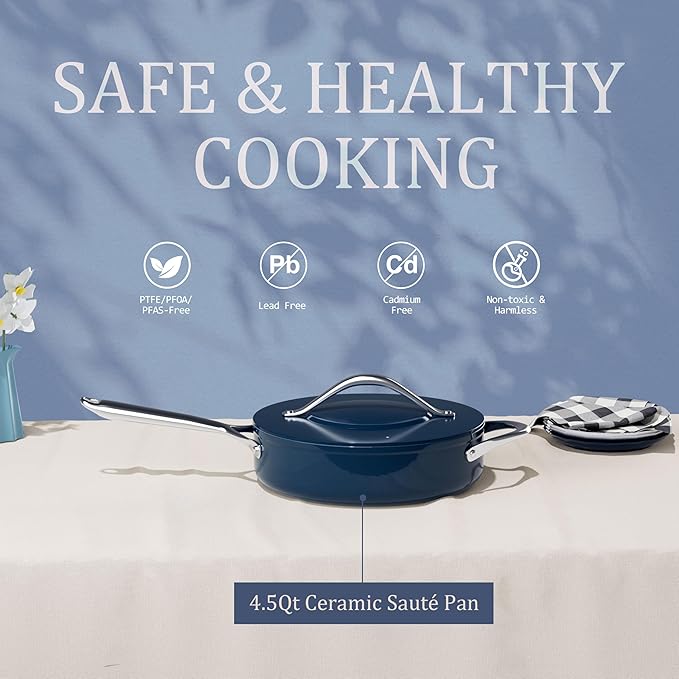 Nonstick Ceramic Sauté Pan w/Lid (4.5 qt, 11") Deep Frying Pan for All Cooktops Non Toxic Skillet PTFE/PFOA/PFAS Free, Even Heat Distribution Stainless Steel Stay-Cool Handle, Navy Blue