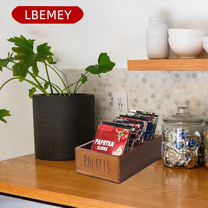 Packet Organizer, Acacia Wood Packet Storage Organizer with 3 Compartments,Farmhouse Kitchen Organization for Spice, Gravy, Taco, and Dressings Packets for Kitchen (Brown Label PACKETS)