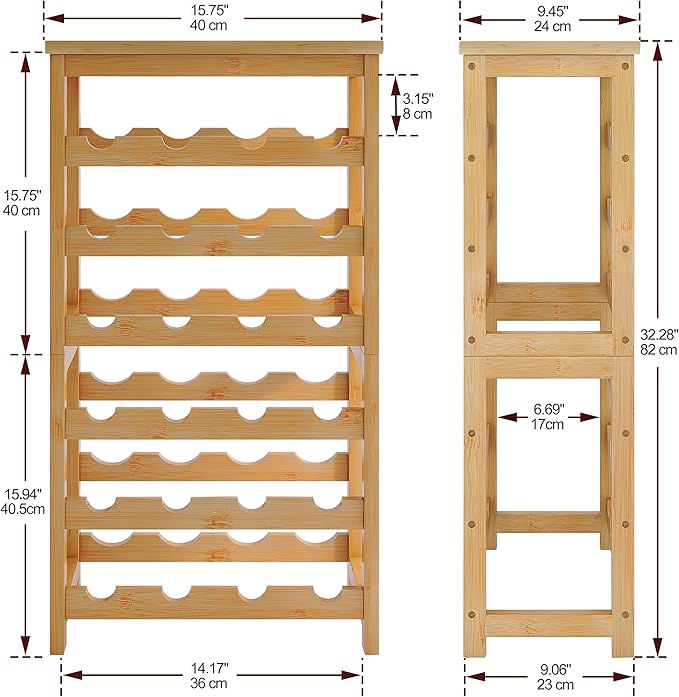 24 Bottles Floor Wine Rack with Tabletop, 6 Tier Bamboo Wine Display Storage Shelves, Wave Bars Freestanding Wine Bottle Organizer Shelf for Kitchen Pantry Cellar, Natural