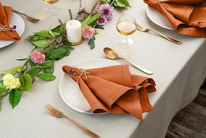 D'Moksha Homes Rust Linen Napkins Set of 4 - Classic Hemstitch 100% Pure Linen Hemstitch Dinner Napkins 20 x 20 Inch for Fall, Thanksgiving, Holiday - Handcrafted and Machine Washable