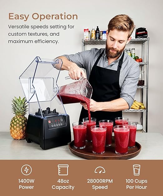 SYBO HS-210 Commercial Professional Blender with Quiet Shield, Heavy-Duty 1400W High-Speed, 48oz BPA Free Container, Easy to Clean, Dishwasher safe, for Juice, Ice Shakes, Smoothies, Frozen Drinks