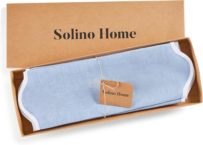 Solino Home Scallop Linen Placemats Set of 4-100% Pure Linen White and Chambray Blue Round Cloth Placemats 16 Inch for Christmas - Giselle Scallop Edge, Handcrafted and Machine Washable