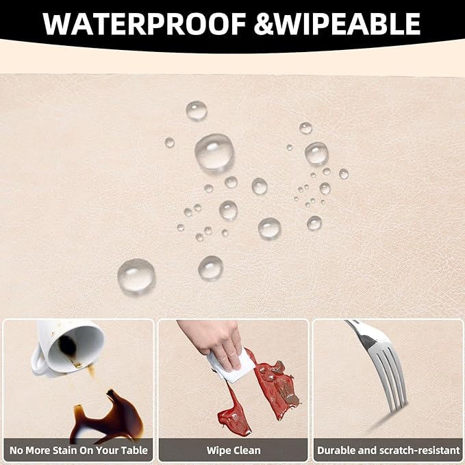 Vinyl Placemats Set of 6-12×17.7 Inch Waterproof & Heattable Placemats, Fall Faux Leather Wipeable Outdoor Table Mat for Dining, Kitchen, Indoor Outdoor Use (Beige, Cowhide Grain)