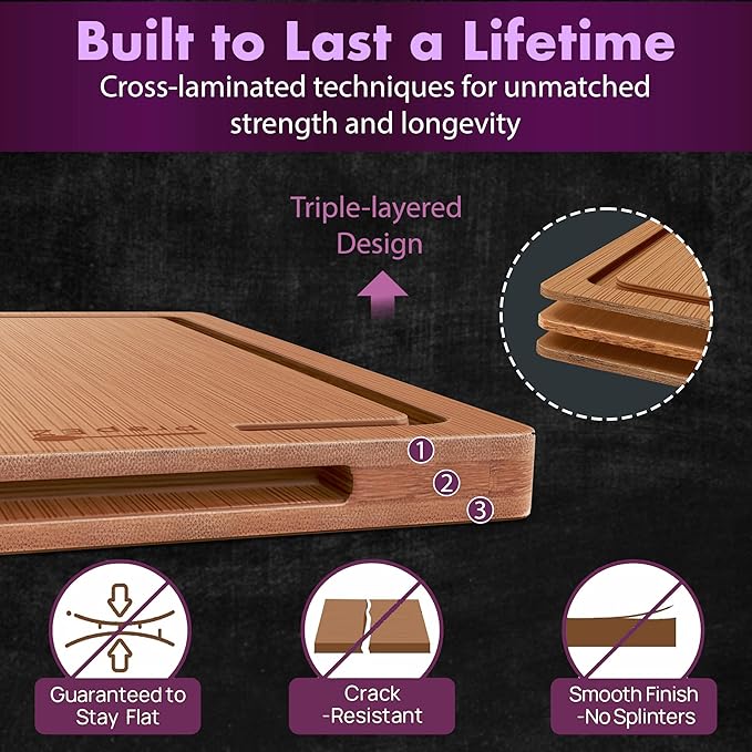 Heavy-Duty Cutting Boards for Kitchen – (Pack of 4) Wood Cutting Board Set – Bamboo Cutting Board Set with Deep Juice Grooves – Ideal for Chopping Meat, Vegetables & Fruits, etc.