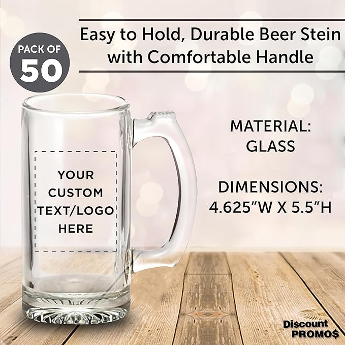 50 Libbey Beer Mugs Set, 12 oz. - Customizable Text, Logo - Groomsmen Glassware - Clear