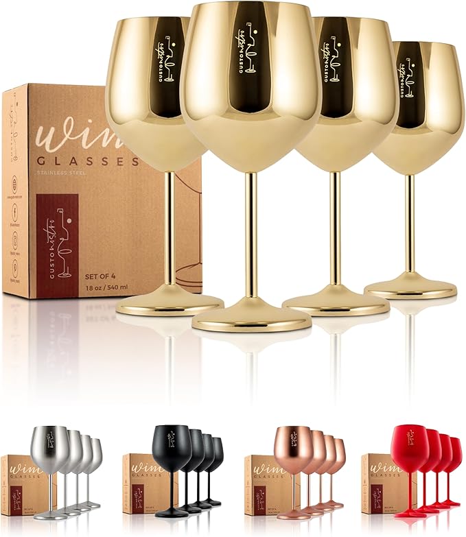 Gusto Nostro Stainless Steel Wine Glass - 18 oz Unbreakable Gold Wine Glasses for Travel, Camping and Pool - Fancy, Unique and Cute Portable Metal Wine Glass for Outdoor Events, Picnics (Set of 4)