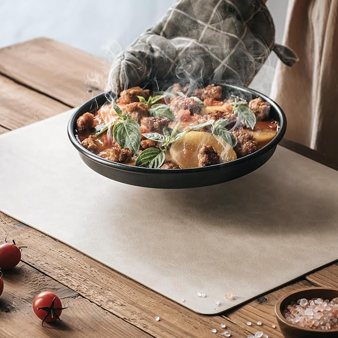 DOLOPL Placemats Set of 12 Reversible Dual-Color Table Placemats –Heat Resistant Wipeable & Washable Place Mats, Luxury Faux Leather Table Mats for Vintage Dining Table Decor (Beige&Light Grey)