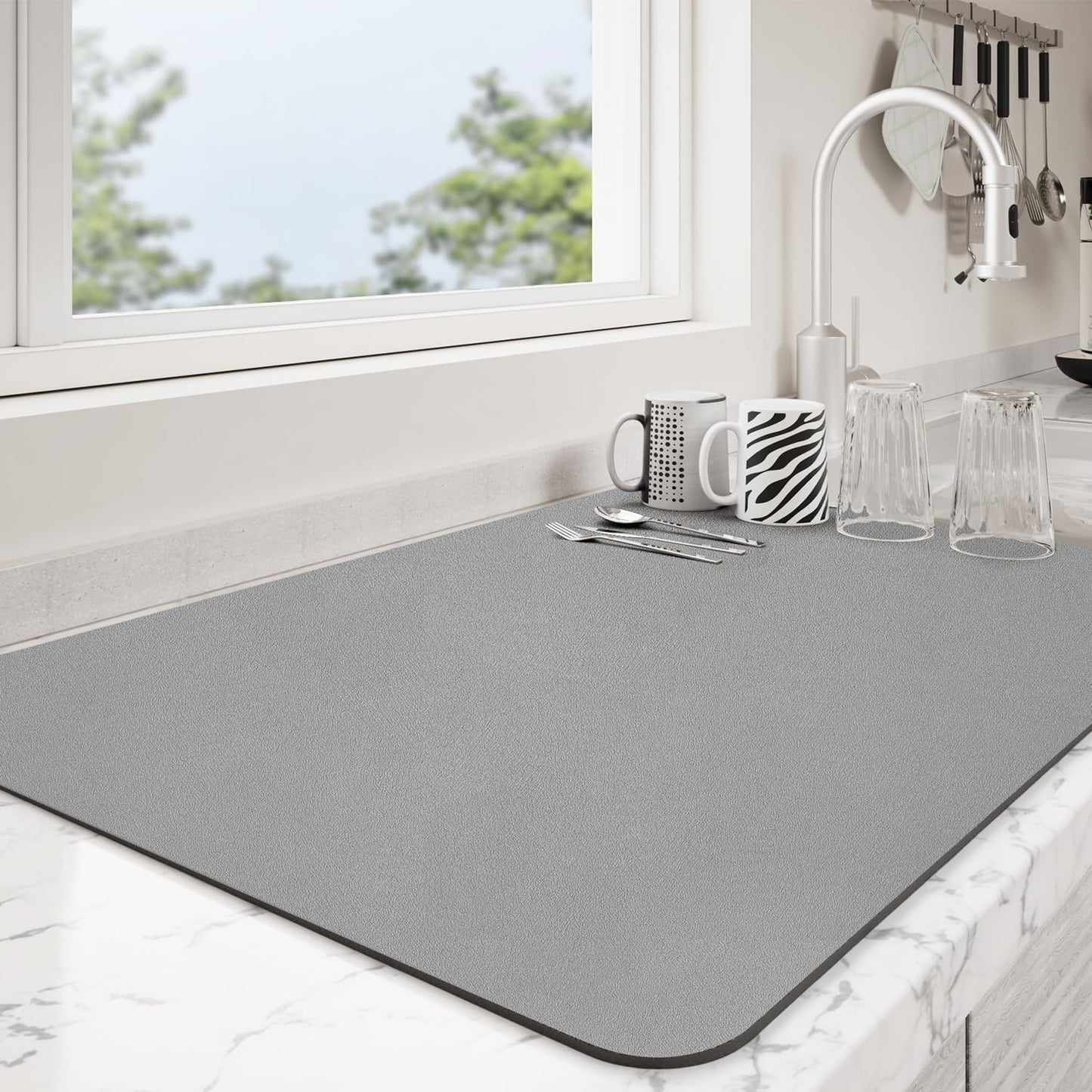 Dish Drying Mat for Kitchen Counter | Coffee Bar Mat for Countertops | Heat Resistant Drainer Mat with Non-slip Rubber Backed | Hide Stain Kitchen Absorbent Draining Mat | Grey 16"x20"