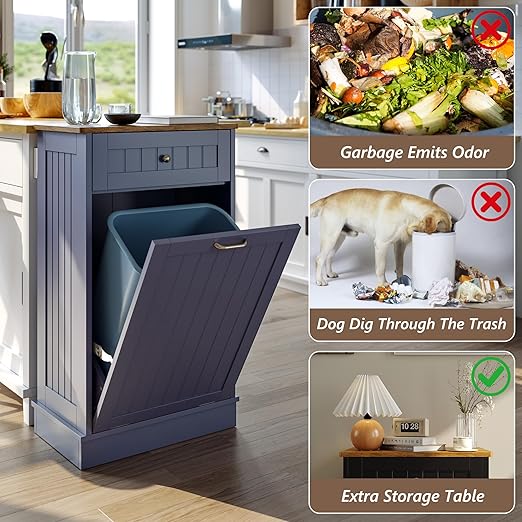 Tilt Out Trash Bin Cabinet Dog Proof Trash Can Holder Kitchen Island Without Garbage Bin or Tilt Out Laundry Hamper (Gray-Blue)