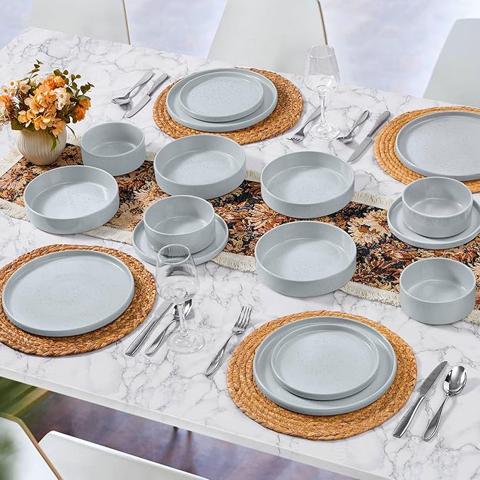 Herogo Stoneware Dinnerware Set with Salad Bowls, Kitchen Dinner Dish Set for 4, 16 Piece Plates and Cereal Pasta Bowls, Chip & Scratch Resistant Dishware, Speckled Light Gray
