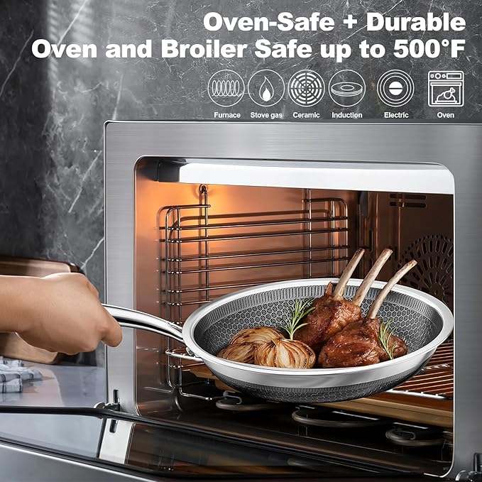 Fogdream 10” Pots and Pans Set Non Stick, Stainless Steel Pan with Lid, Dishwasher and Oven-Safe Frying Pan, PFOA Free and Induction Compatible Cookware Set, Silver