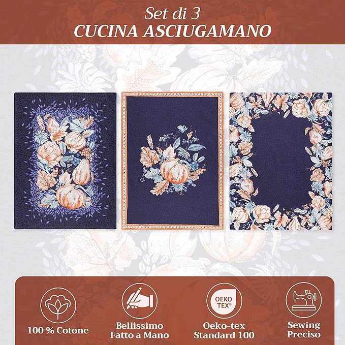 Maison d' Hermine Kitchen Towels Set of 3 100% Cotton 20" x 27.5" Reusable Cloth Tea Dish Towels Absorbent with Hanging Loop for Kitchen Dining Thanksgiving Christmas Decorations (Pumpkin Blues)