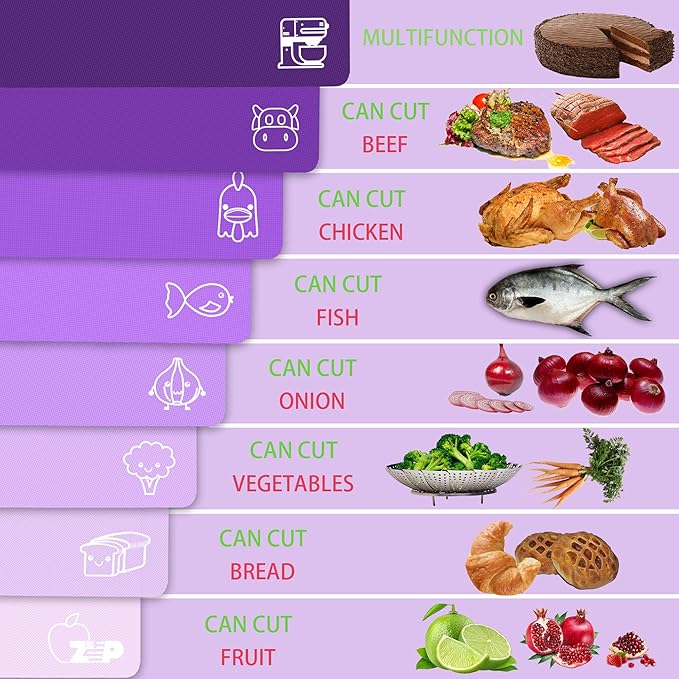 ZVP Flexible Plastic Cutting Board Set of 5 Gradient Color, Colorful Chopping Boards, BPA Free Mats, Non Slip, Dishwasher Safe, 15x12 Inch, Purple Multi-Color
