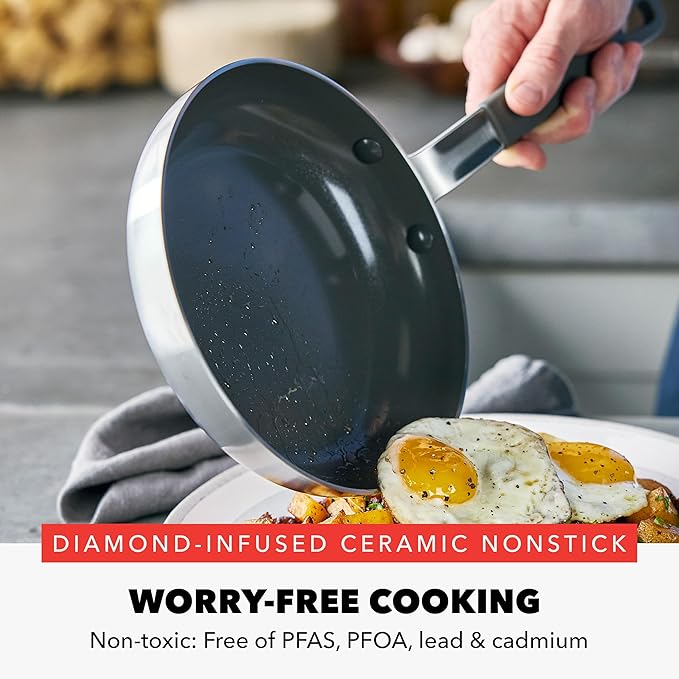 GreenPan x Bobby Flay Stainless Steel 8” & 10” Frying Pan Skillet Set, Professional Grade Tri-Ply, Multiclad, PFAS-Free Ceramic Nonstick, Induction Suitable, Dishwasher & Oven Safe, Stay Cool Handle