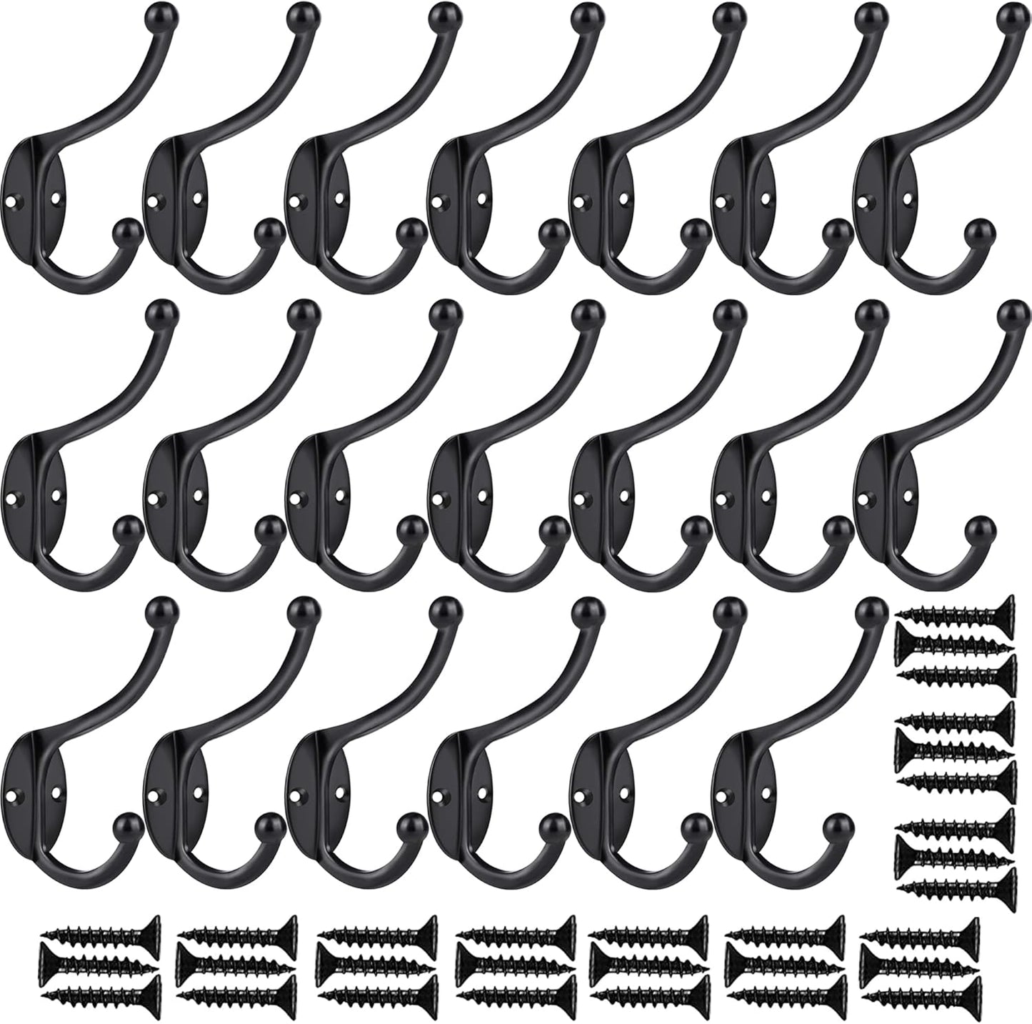 ZEYU 20Pcs Wall Hooks, Coat Hooks Hardware Heavy Duty Hooks for Hanging Coats Double No Rust Black Hook Wall Mounted with Screws for Key, Towel, Bags, Cup, Hat