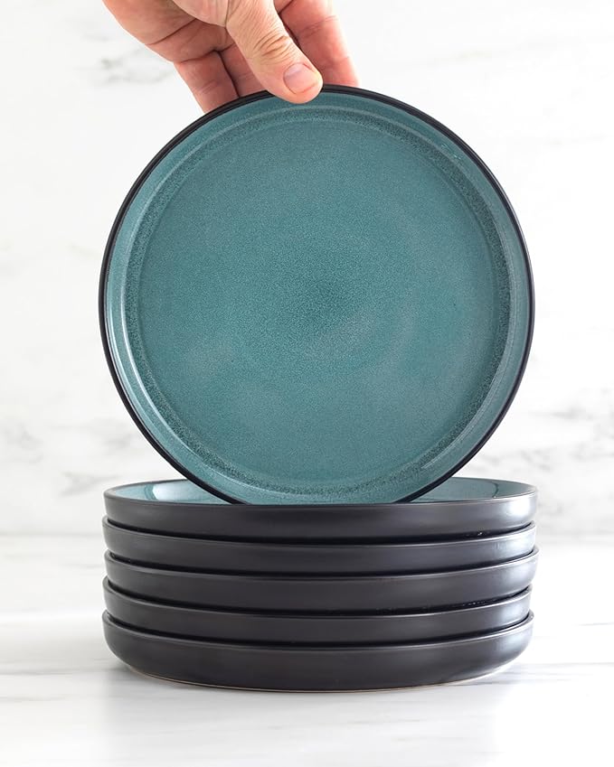 Stoneware pasta bowls set 8 pcs – 7.7" dark petrol blue ceramic plates & salad bowls – Dishwasher and microwave safe – Large soup bowls stylish set – Dinner service Pure Living