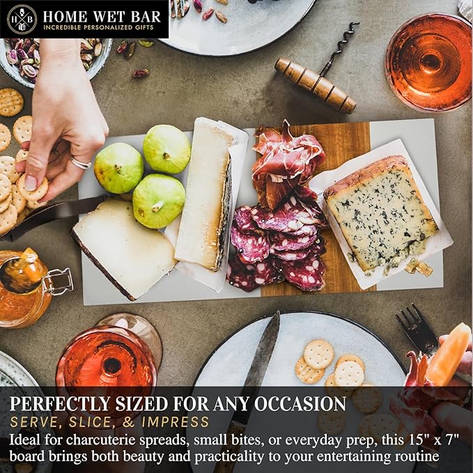 HomeWetBar Personalized Acacia Charcuterie Board | Custom 15" x 7" White Marble & Acacia Wood Cheese Board | Perfect Housewarming + Wedding + Couples Gift Idea