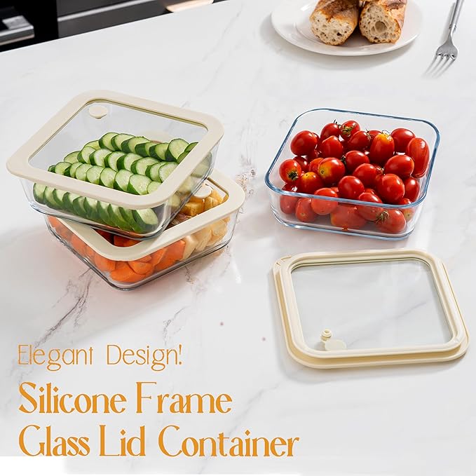 Urban Green Glass Food Container Set with Glass Lid, 3 Pack, Food Storage Containers Set, Airtight, LeakProof, 100% Plastic Free, Meal Prep Containers (White Color)