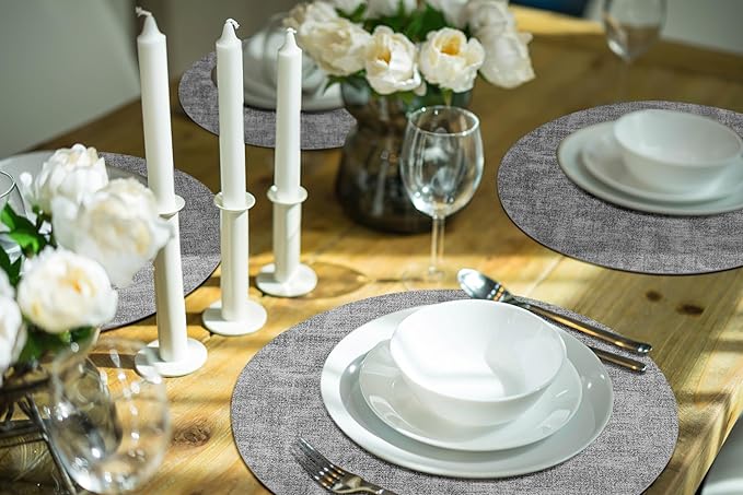 homing Round Faux Leather Placemat and Coaster 8 Packs, Washable Heat Resistant Dining Place Mats, Wipeable Double-Sided Table Mats for Indoor and Outdoor, Diameter 13 and 3.93 inch, Light Grey