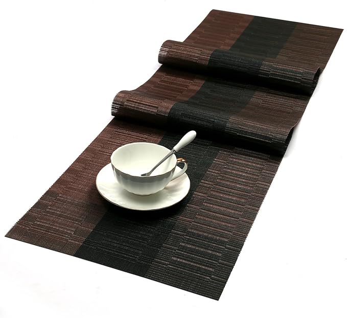 SHACOS Placemats with Table Runner Set of 7 Woven Vinyl Plastic Wipe Clean Heat Resistant Table Mats and Runner Set for Dining Table, Ombre Coffee Black